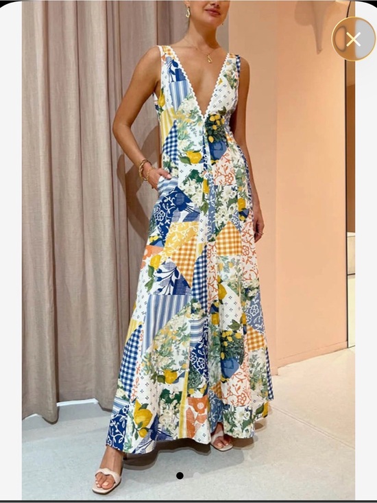 Dresses & Skirts - Floral Patchwork Maxi Dress with Deep V-Neck - Blue & Yellow